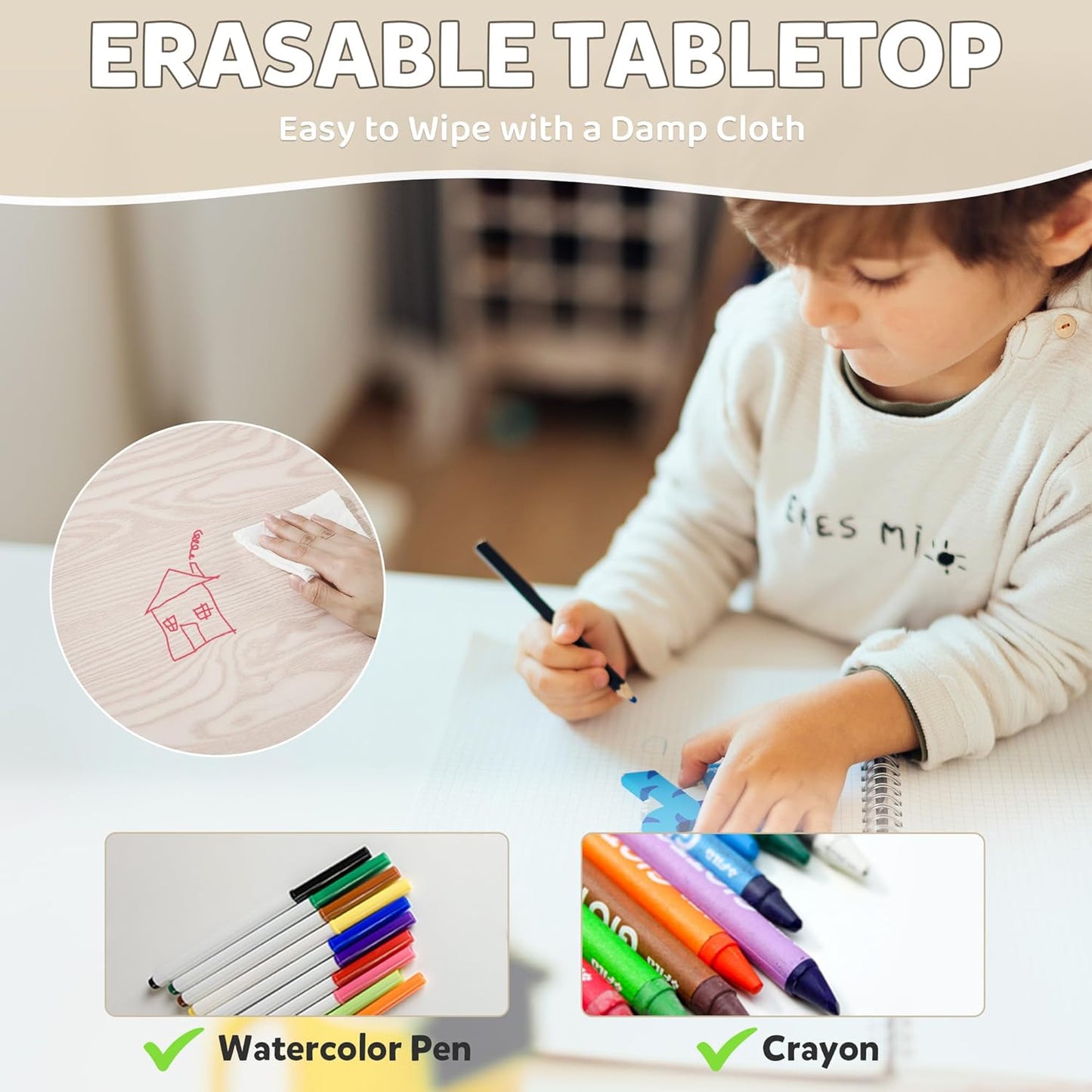 Adjustable Kids Table & Chairs Set for Ages 3-8 | 31.5"x23.6" Easy-Clean Activity Table | Meets ASTM/CPSC Standards for Daycare, Homeschool & Playroom (Natural-Wood, 4 Chairs)