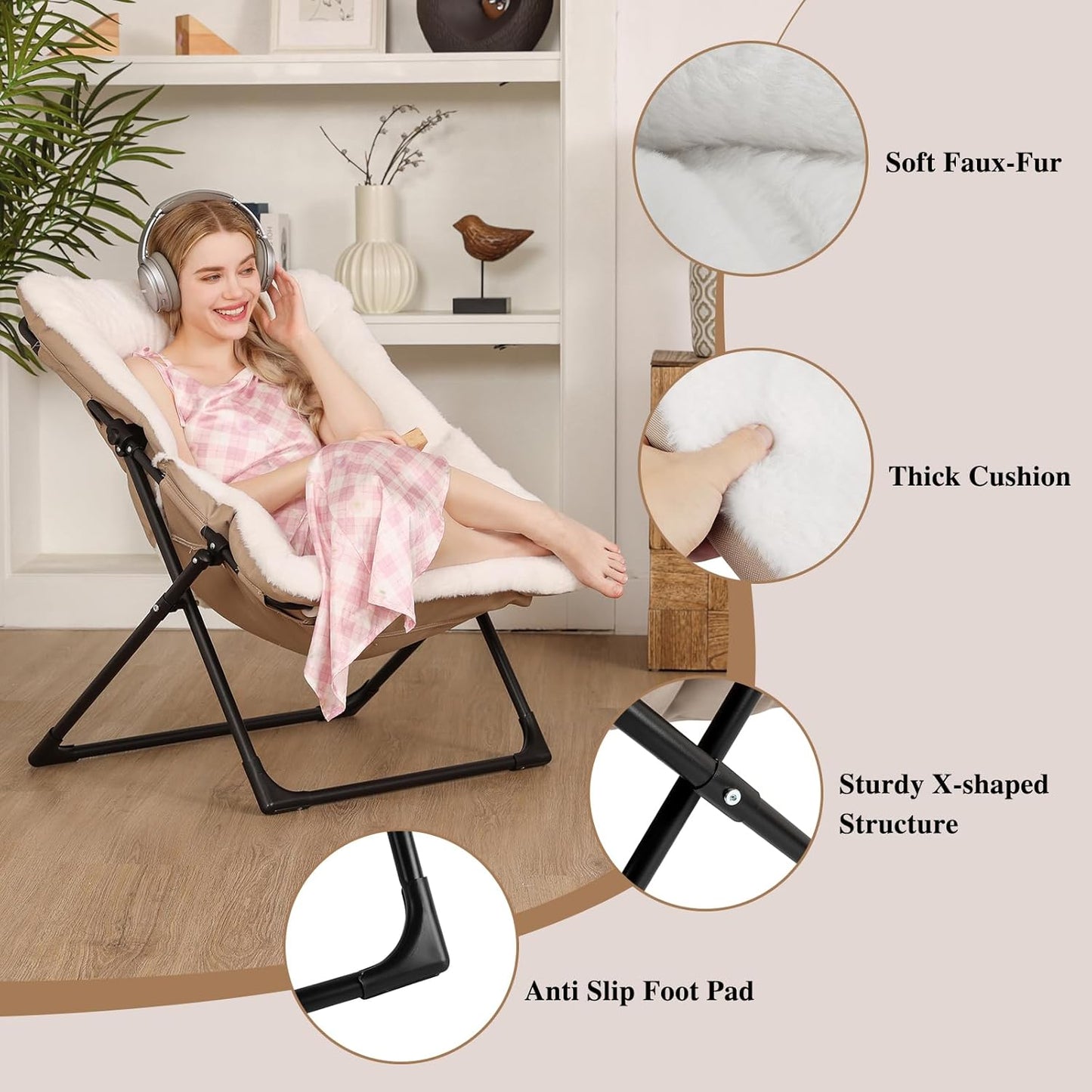 Comfy Saucer Chair for Adults, Soft Faux Fur Bedroom Chair, Accent Dorm Chairs, Flexible Living Room Reading Chairs, Oversized Folding Lounge Seat for Teens, X-Large, White