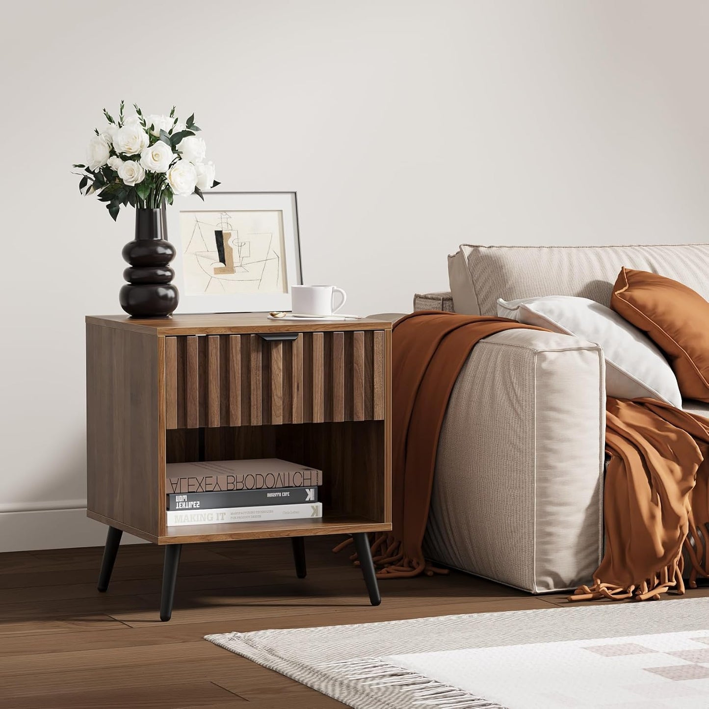 Nightstands, Walnut Fluted Night Stand, Mid Century Modern Nightstand, Bedside Table with Seamless Slatted Drawer, End Tables Bedroom with Metal Legs, Night Stand for Bedroom