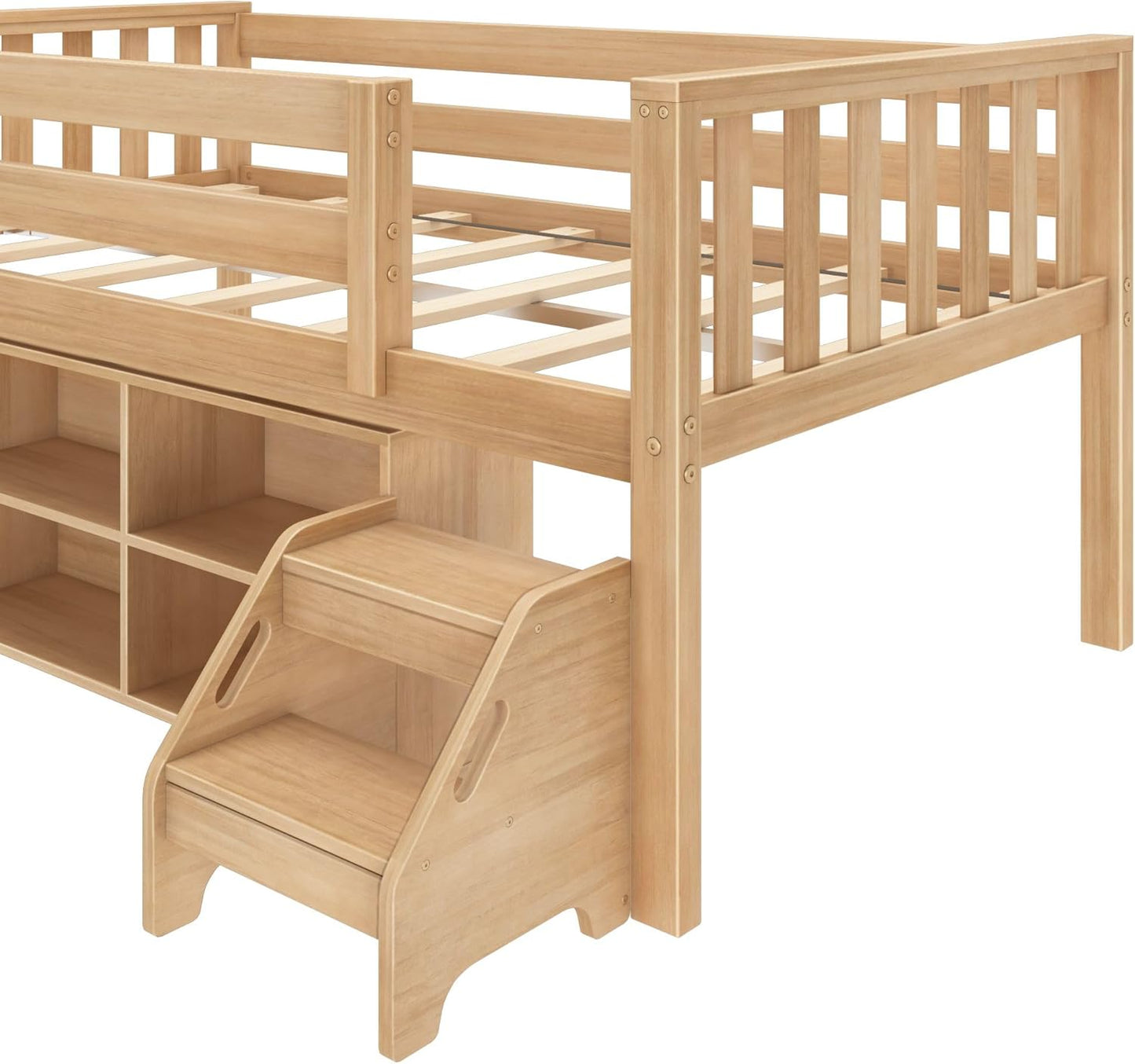 Max & Lily Soren Ultra Low Loft Bed, Twin Bed Frame for Kids with Bookcase, Blonde