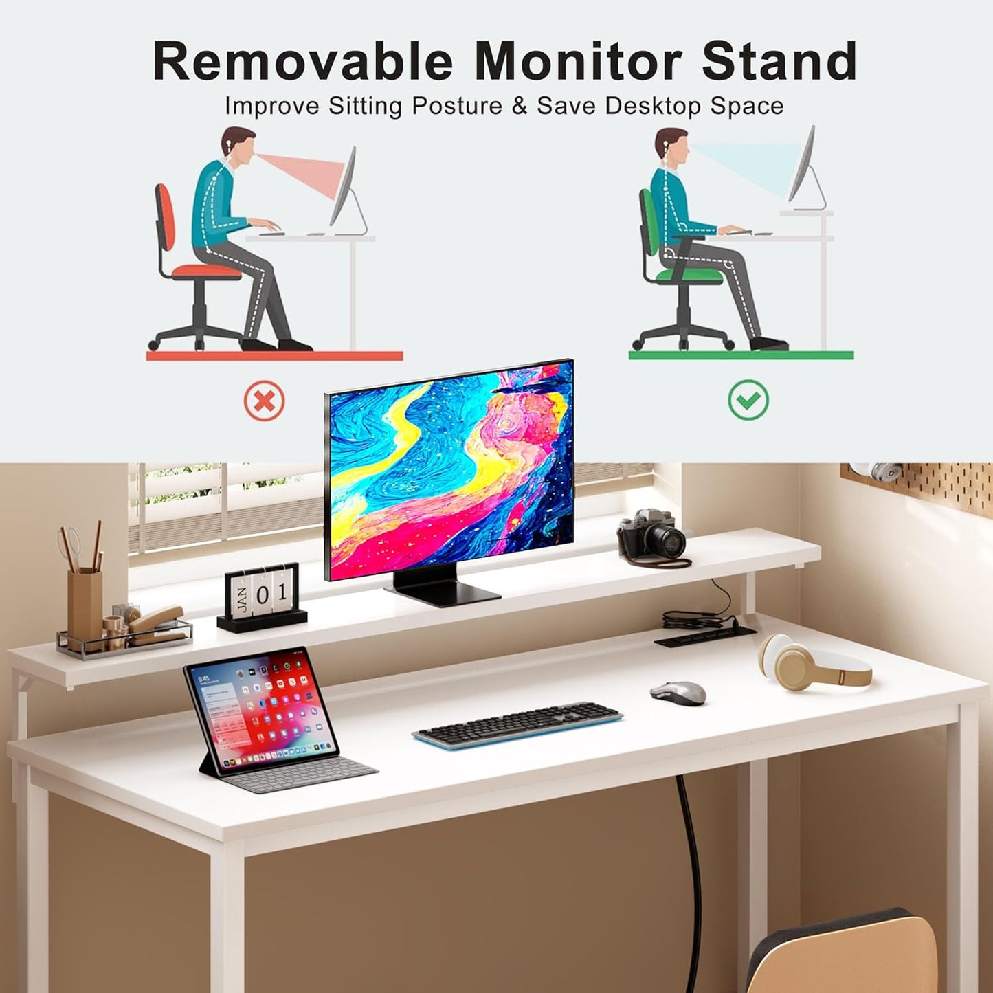 Need 60 inch Computer Desk with LED Lights & Power Outlets, Large Home Desk with Monitor Shelf, Writing Table Gaming Desk Home Office Desk, White