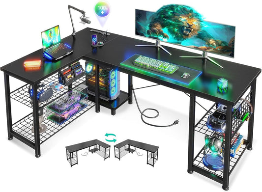 Casaottima 51 Inch L Shaped Gaming Desk with Shelves & Power Outlets, Reversible Computer Desk with Storage Shelves for Home Office, Black