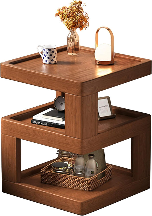 Nightstand Bedside Table with 3-Tier Storage, Modern Solid Rubberwood End Side Table for Bedroom Living Room,Original Wood Color Walnut (13.7" D x 13.7" W x 21.2" H)