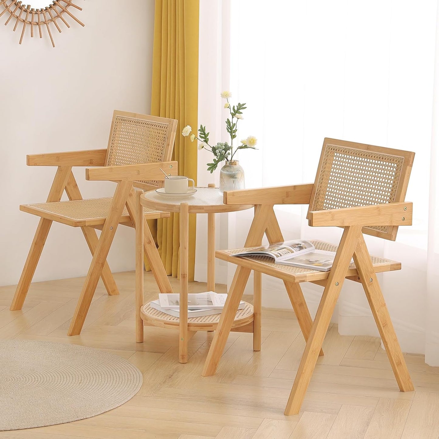 Rattan Dining Chairs Set of 2, Modern Mid Century Accent Chairs, Comfy Armchairs, Outdoor Rattan Chairs with Armrest for Bedroom Living Room Reading Room Dining Kitchen