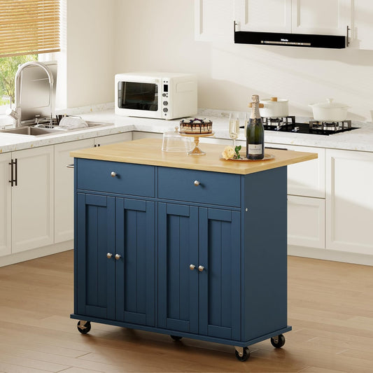 Shintenchi Kitchen Island with Drop Leaf, Rolling Kitchen Cart with Storage on Wheels, Table Bar Cart for Kitchen with Towel Rack & Seating Area for Dining Room, Blue