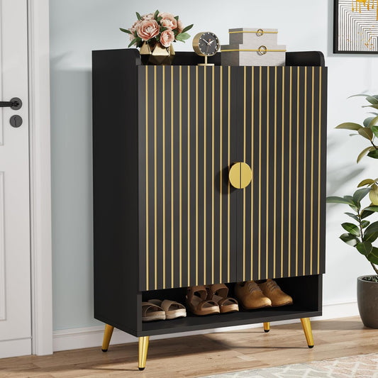 Tribesigns Shoe Cabinet with Doors, 7-Tier Shoe Storage Cabinet with Adjustable Shelves, Wooden Shoes Rack Shoe Storage Organizer for Entryway, Hallway, Closet, Living Room, Black