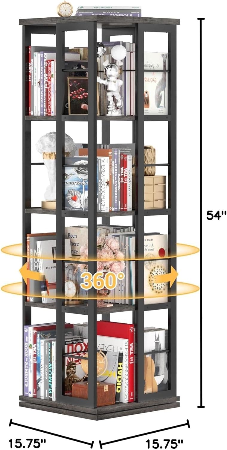 Aheaplus Rotating Bookshelf, 4-Tier Corner Bookshelf, 360 Display Wood Spinning Bookshelf, Floor Standing Bookcase Narrow Shelf Revolving Organizer Storage Rack for Small Space, Grey Oak
