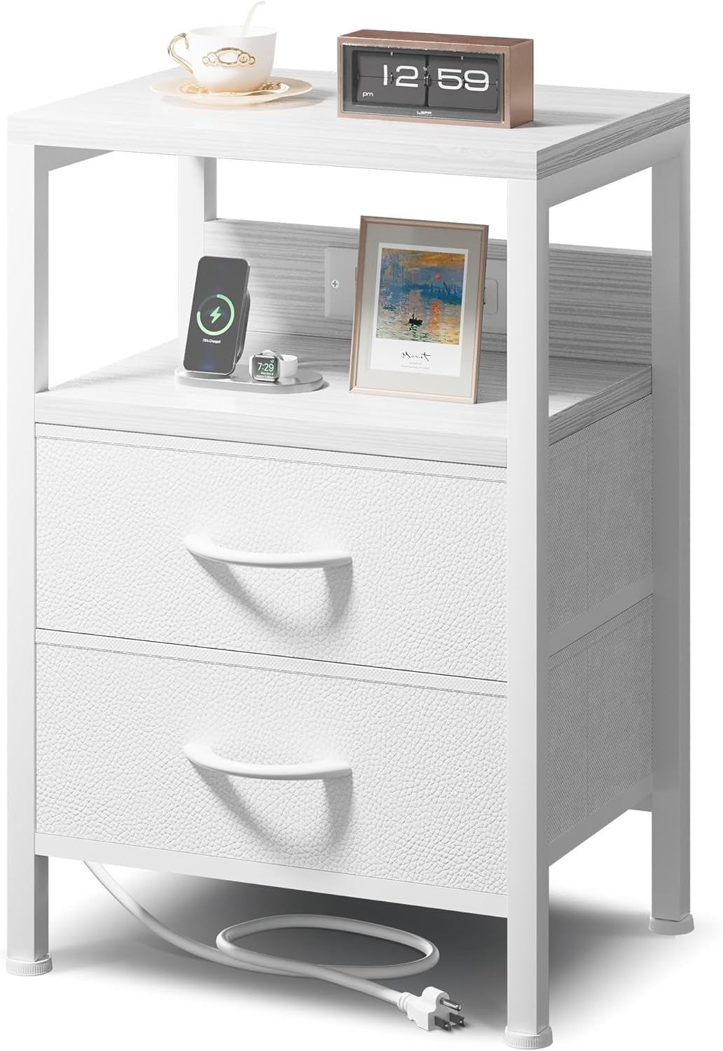 NightStand Bedside Charging Table Bedroom - Night Stand with Charger Station, White Modern Bed Side End Table with Open Shelf & 2 Fabric Drawers, USB-C USB Ports & AC Outlets for Dorm, Living Room
