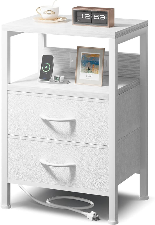 NightStand Bedside Charging Table Bedroom - Night Stand with Charger Station, White Modern Bed Side End Table with Open Shelf & 2 Fabric Drawers, USB-C USB Ports & AC Outlets for Dorm, Living Room