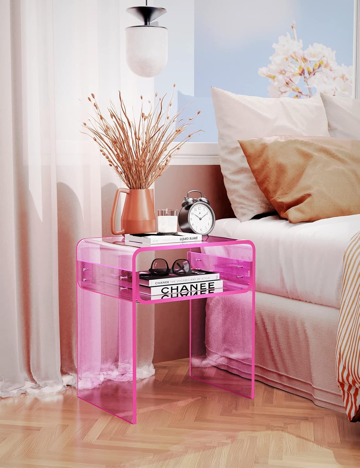 Clear Acrylic End Table 2-Tier Bedside nightstand for Living Room Bedroom Home Decor (Pink)