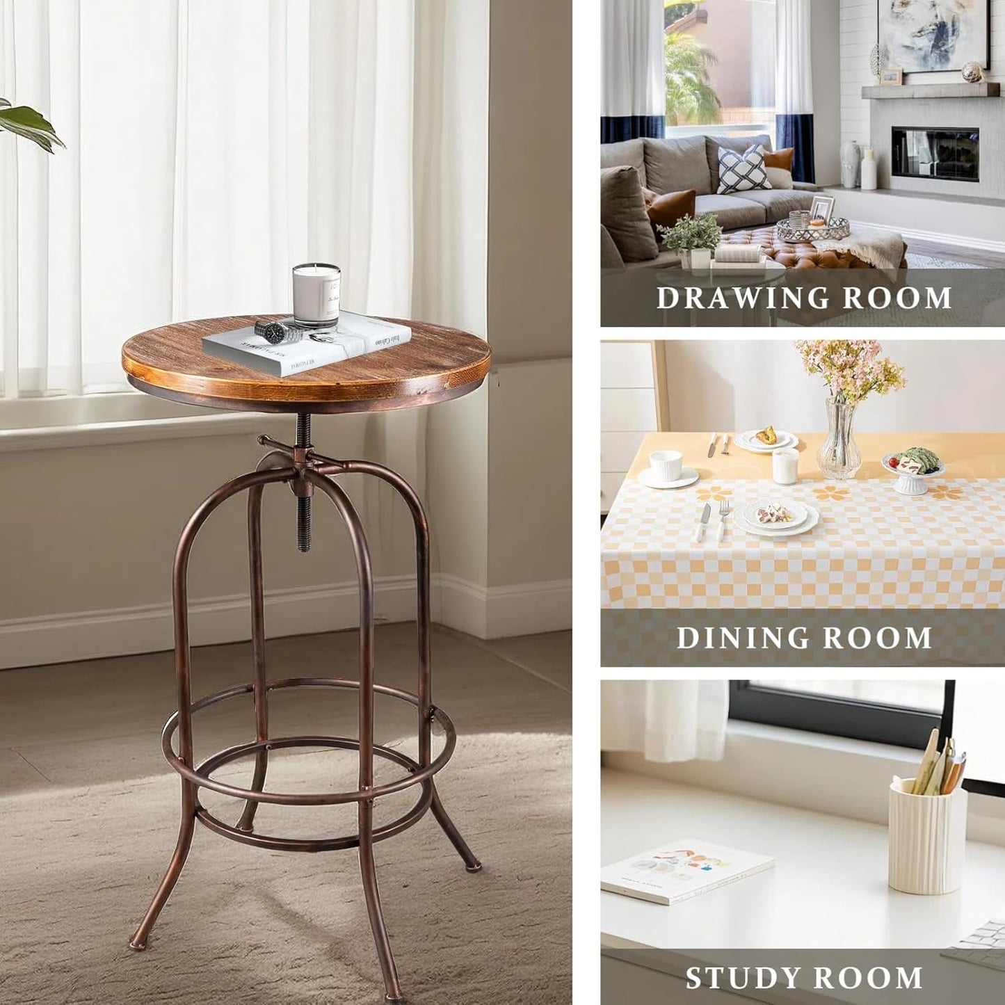 Vintage Bar Table Swivel Industrial Style Pub Table Kitchen Dining Tables Height Adjustable 37.4-45.3inch Coffee Table with Footrest