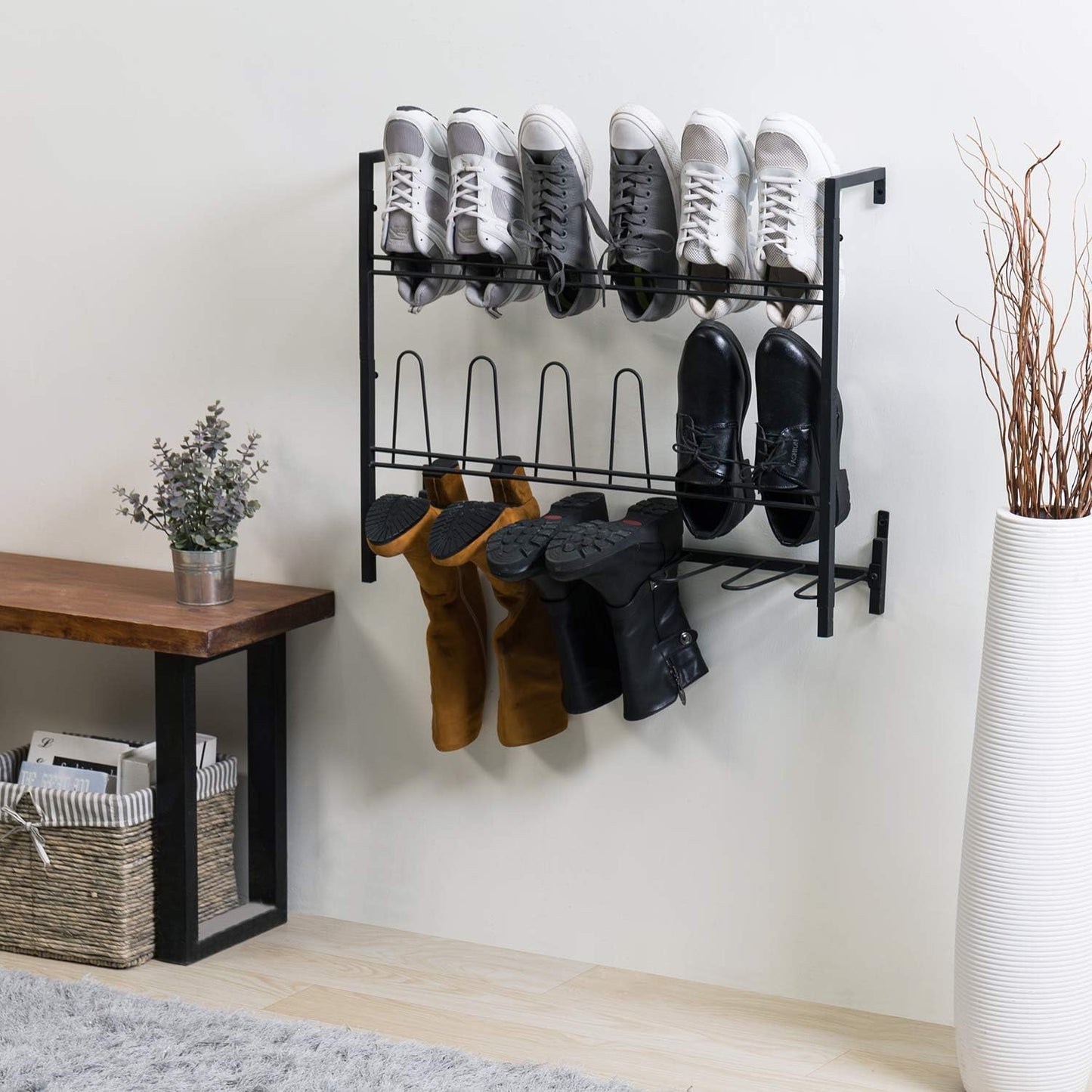MyGift Premium Black Metal Hanging Wall Shoe Rack for Walk in Closet, Mudroom and Entryway, Wall Mounted Space Saving Boot and Shoe Rack Organizer, Holds 9 Pairs
