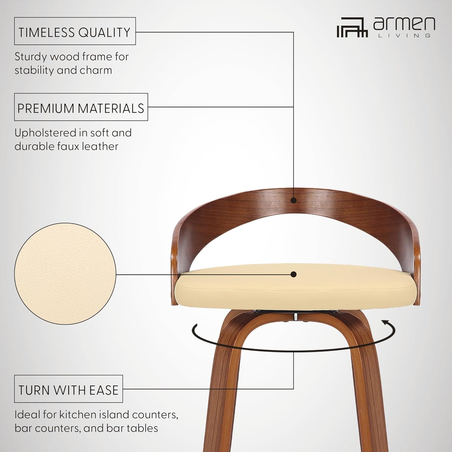 Armen Living Sonia 30" Bar Height Swivel Cream Faux Leather and Walnut Wood Bar Stool - Set of 4