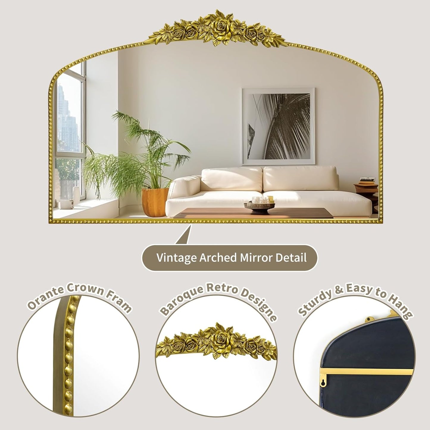 Antique Gold Arch Wall Mirror, 48"x30" Traditional Vintage Mantel Mirror with Ornate Metal Frame, Baroque Victorian Mirror for Fireplace/Entryway/Bathroom/Living Room/Dining Room