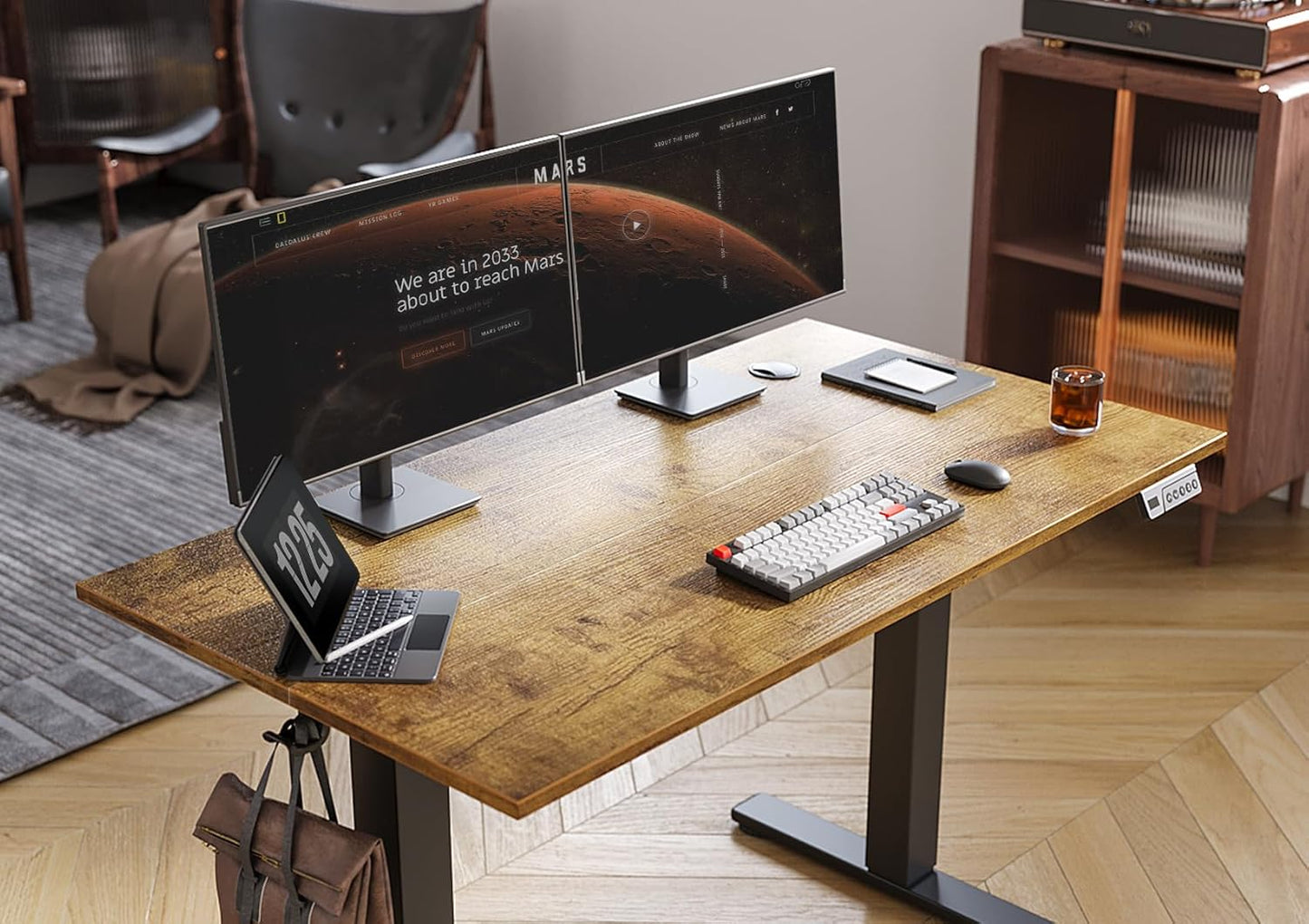 Seang Electric Standing Desk Adjustable Height, 48 x 24 Inch Sit Stand Desk with T-Shaped Frame, 3 Memory Presets & Cable Management for Home Office Computer Workstation, Black Frame/Rustic Brown Top