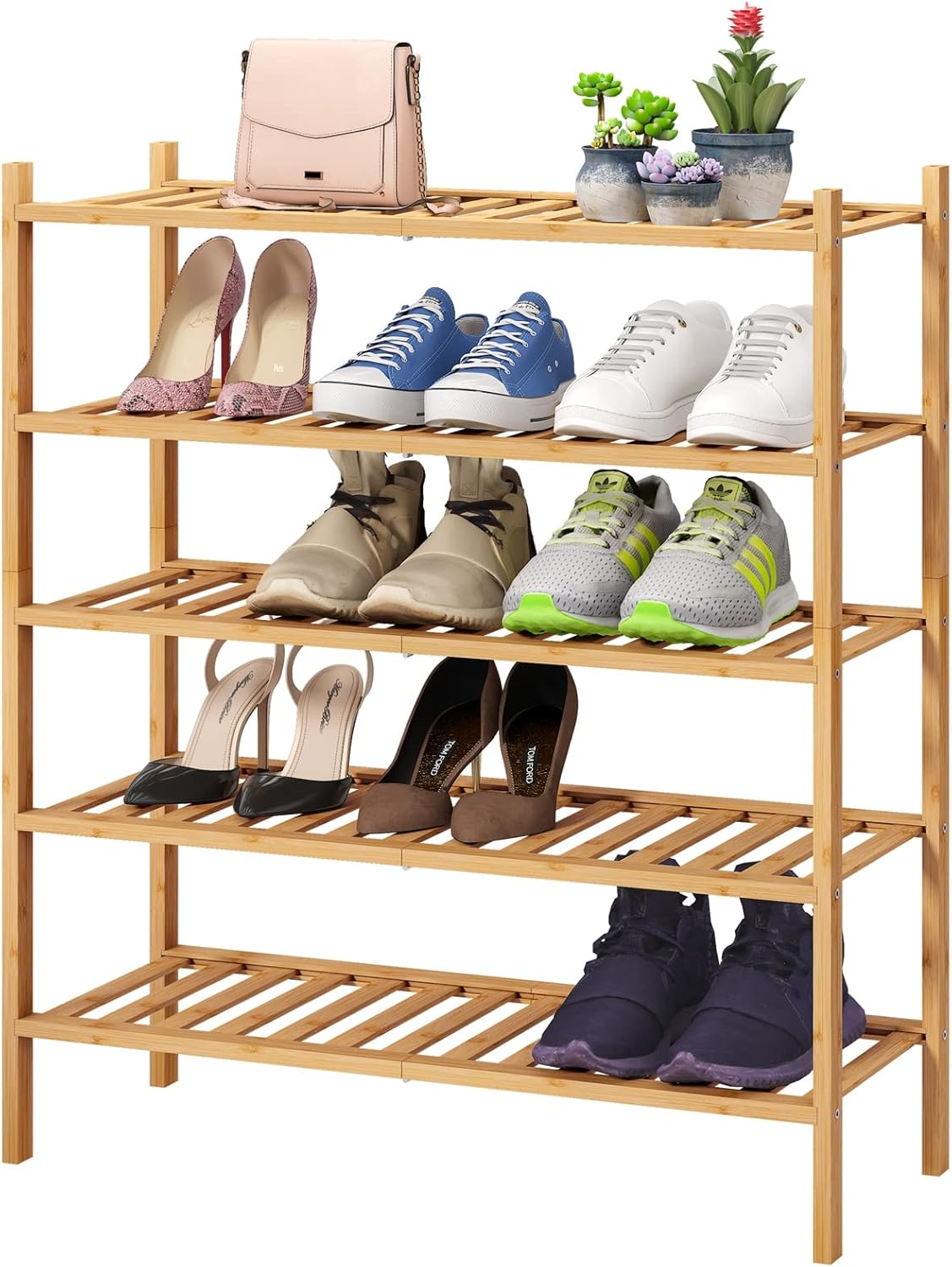 5-Tier Bamboo Shoe Rack for Entryway, Stackable | Foldable | Natural, Shoe Organizer for Hallway Closet, Standing Shoe Racks for Indoor Outdoor
