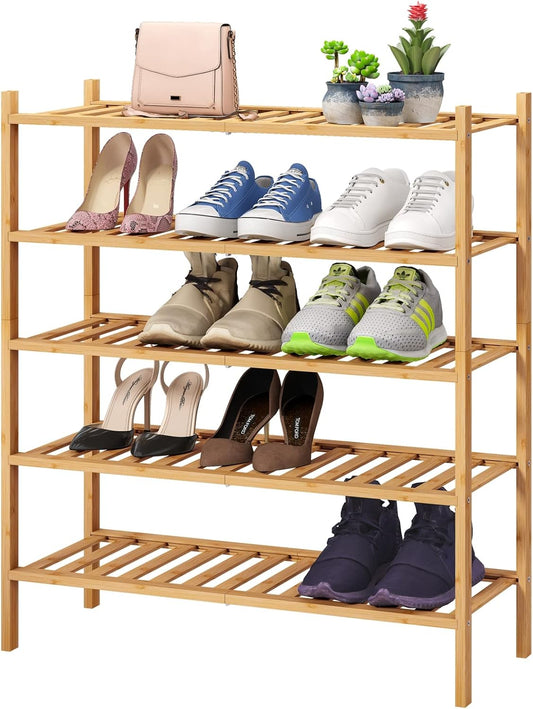 5-Tier Bamboo Shoe Rack for Entryway, Stackable | Foldable | Natural, Shoe Organizer for Hallway Closet, Standing Shoe Racks for Indoor Outdoor