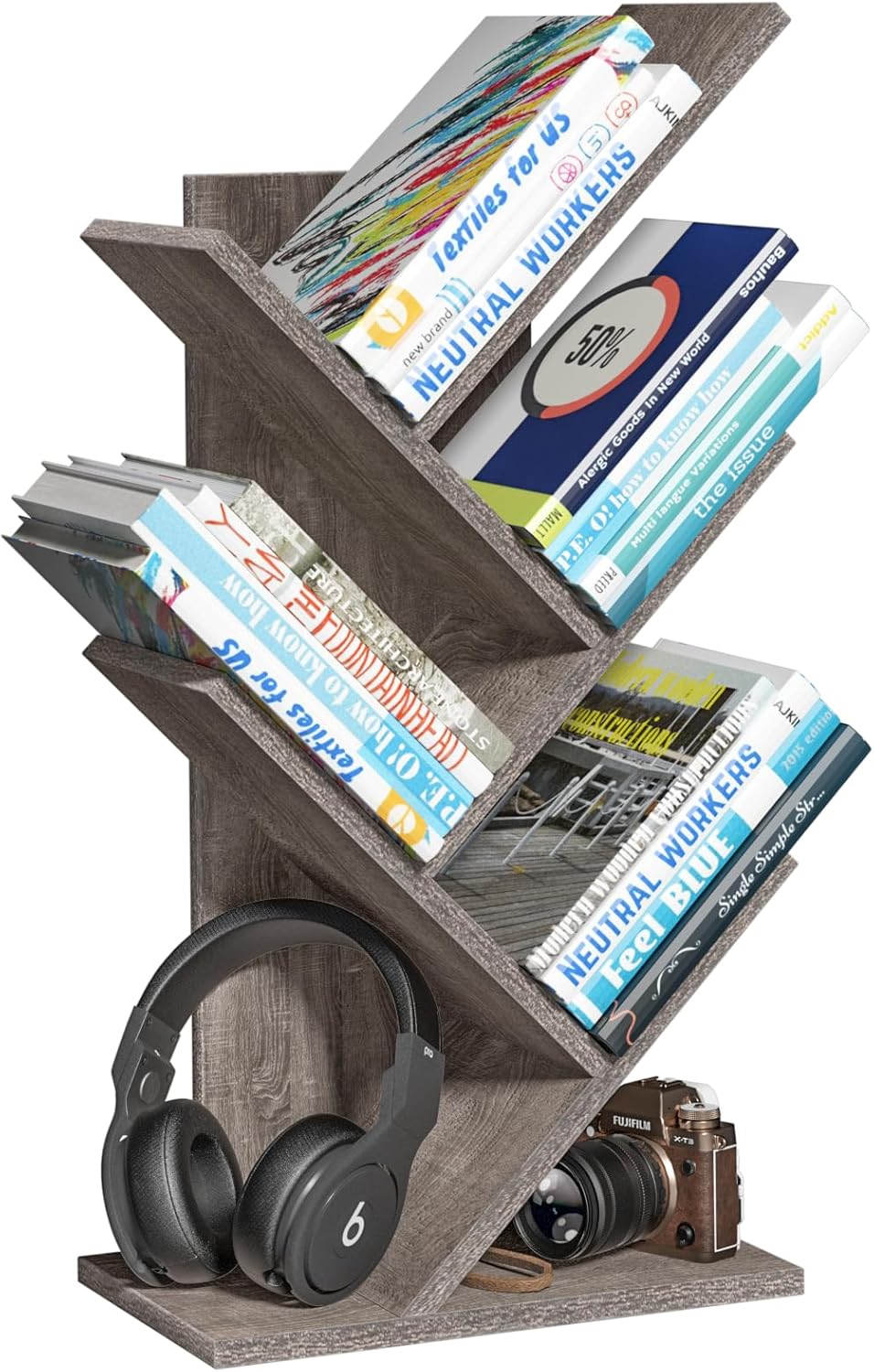 5 Tier Tree Book Shelf, Small Desktop Bookshelf with Storage Organizer, Wood Bookcase, Desk Display Bookshelves, Floor Standing Organizer Bookcases for Living Room,Bedroom,Office - Light Grey