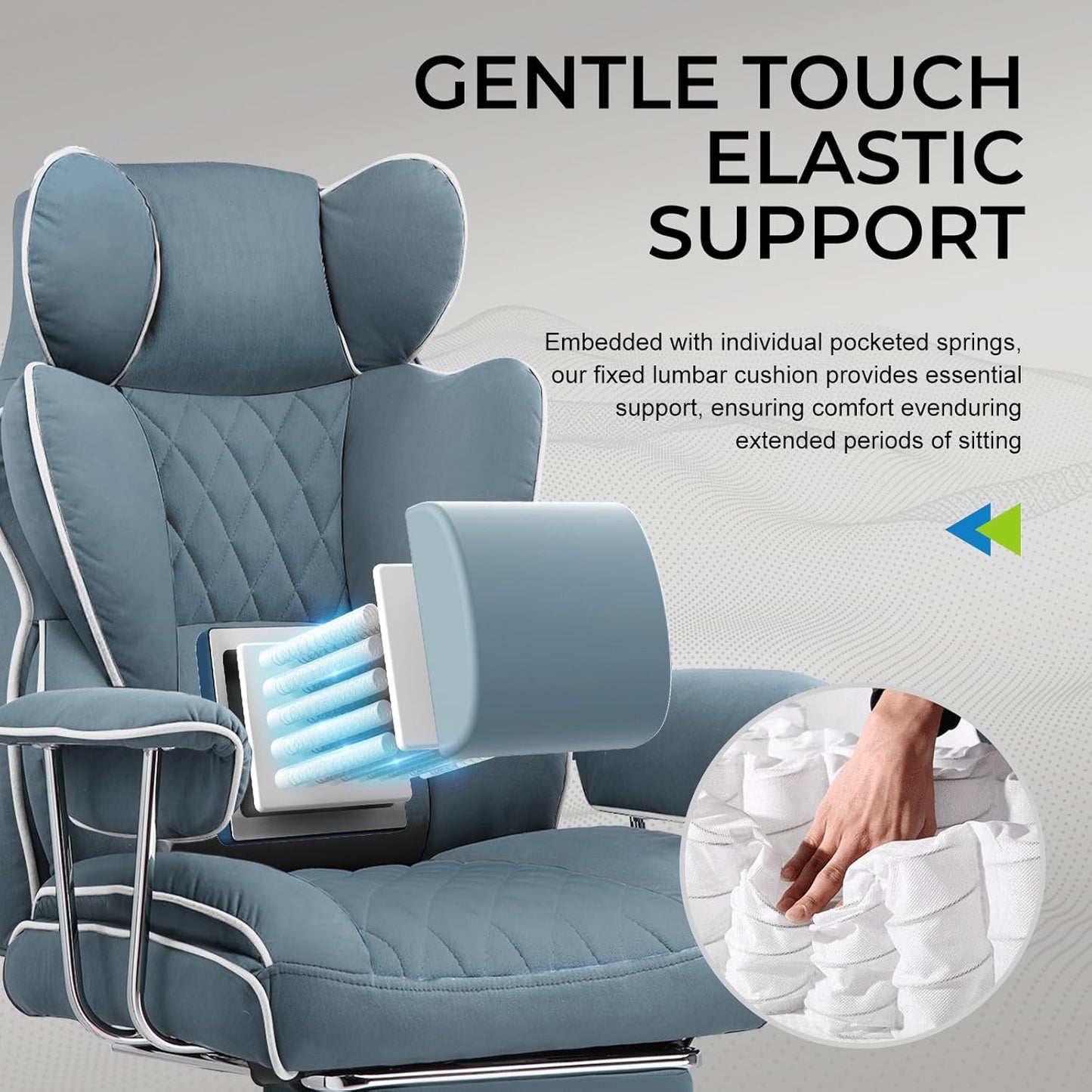 GTRACING Gaming Chair,Office Chair with Pocket Spring Lumbar Support, Ergonomic Comfortable Wide Office Desk Computer Chair with Outward Fixed Soft Armrests and Footrest (Fabric, Blue)