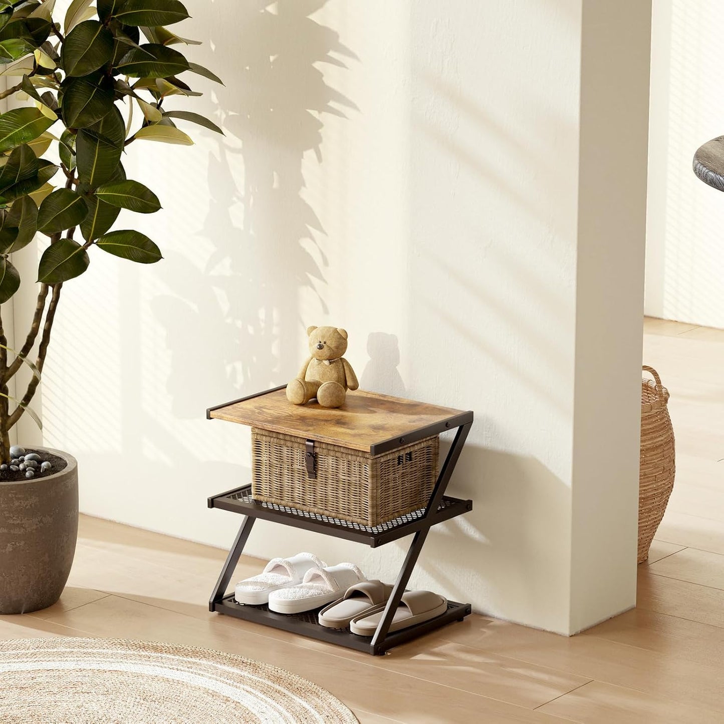 Shoe Rack, Z-Frame Wooden Shoe Shelf with Heavy-Duty Metal Mesh Shelves for Hallway, Living Room, Closet, and Bedroom Organization - Organize Your Shoes in Style (16.54" x 10.24" x 16.14")