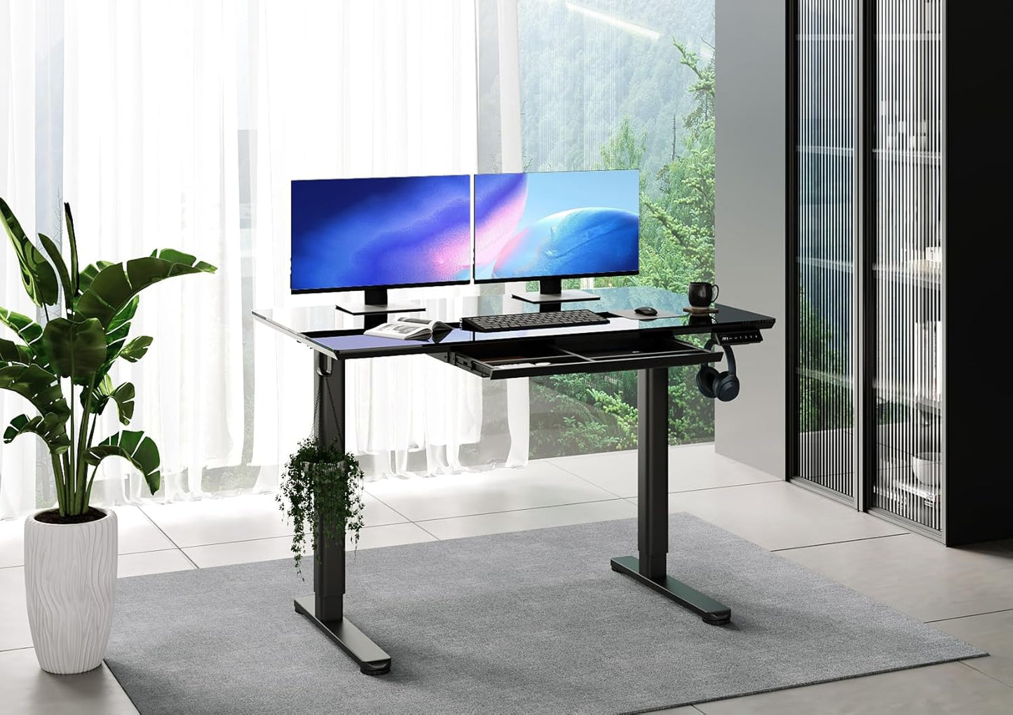 INNOVAR Glass Standing Desk with Drawers, 40×24 Inch Adjustable Stand Up Desk Quick Install Home Office Computer Desk, Black