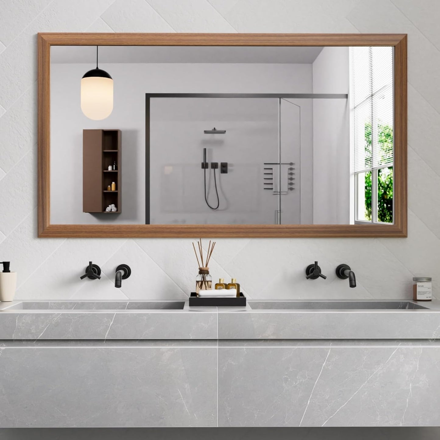 Amorho 72 X32 Inch Bathroom Mirror for Wall, Walnut Wood Grain Metal Framed Mirror, Anti-Rust, Hang Horizontally/Vertically, Suitable for Bedroom, Farmhouse, Bathroom, Decorative