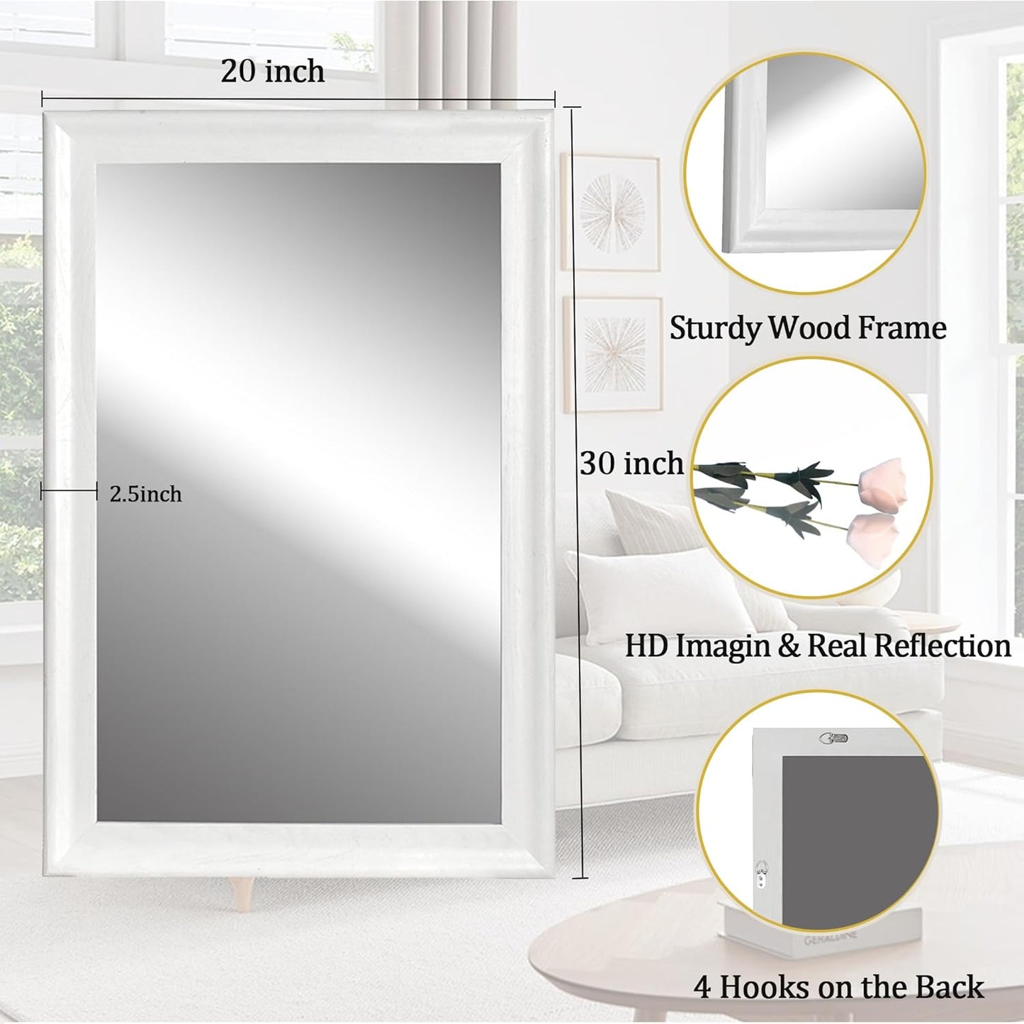 CULER White Wood Wall Mirror for Bathroom,Rectangle 20 x 30 inch Hanging Vatiny Mirrors with Wooden Frame for Living Room,Bedroom,Entryway