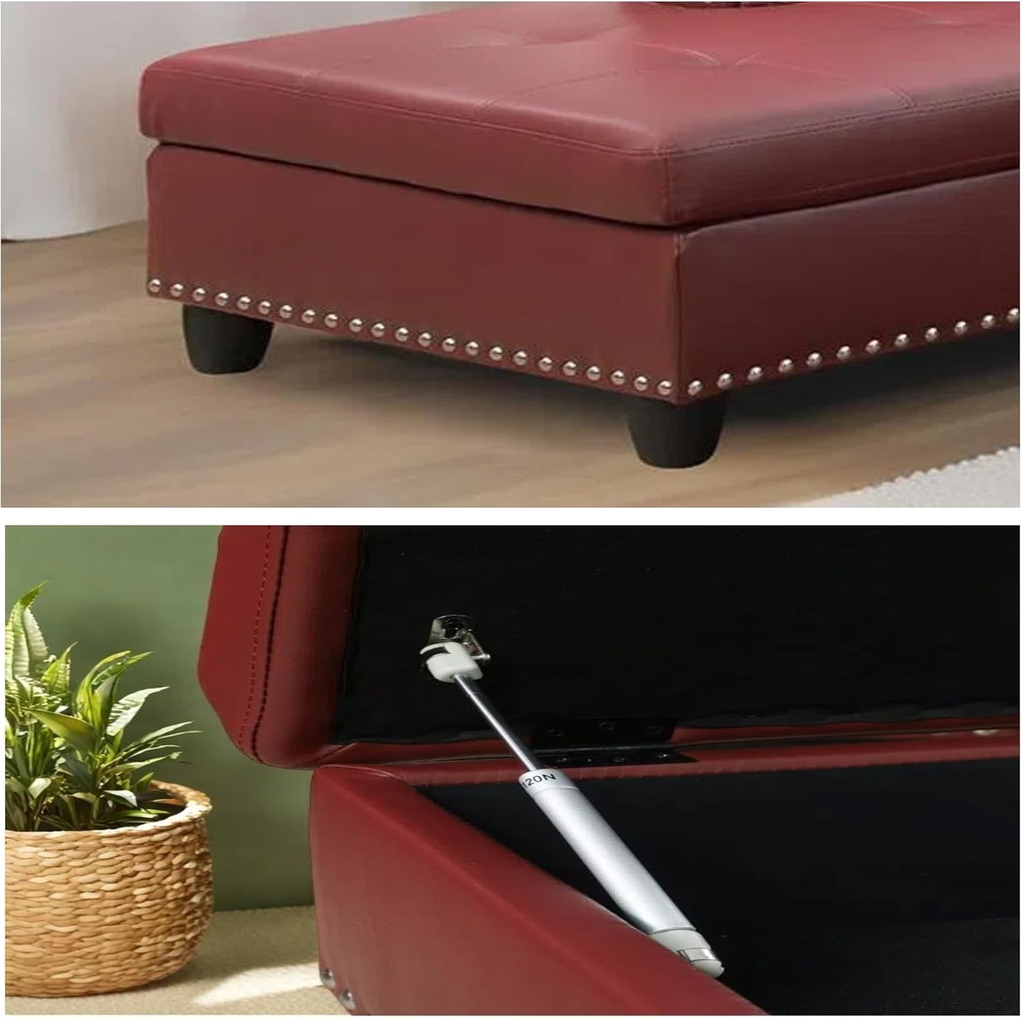 L-Shaped Sectional Sofa with Ottoman, Leather Modern Nail-Head Design with Cup Holder & Chaise for Living Room, Bedroom, Office, Red