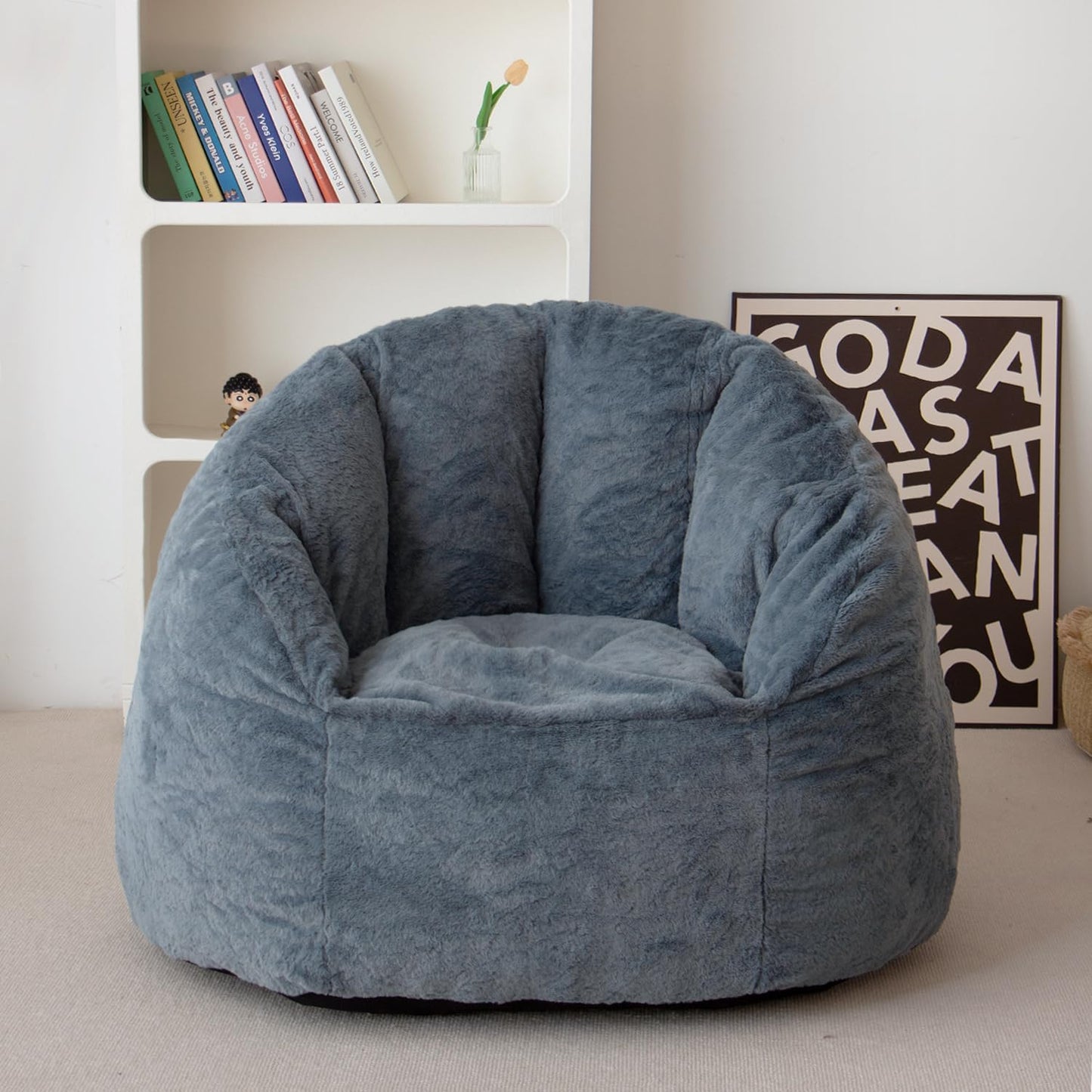 N&V Large Shell Bean Bag Chair, Adult Size Bean Bag Sack, Foam Filling, Includes Removable and Machine Washable Cover, 40in, Soft Faux Fur, Blue
