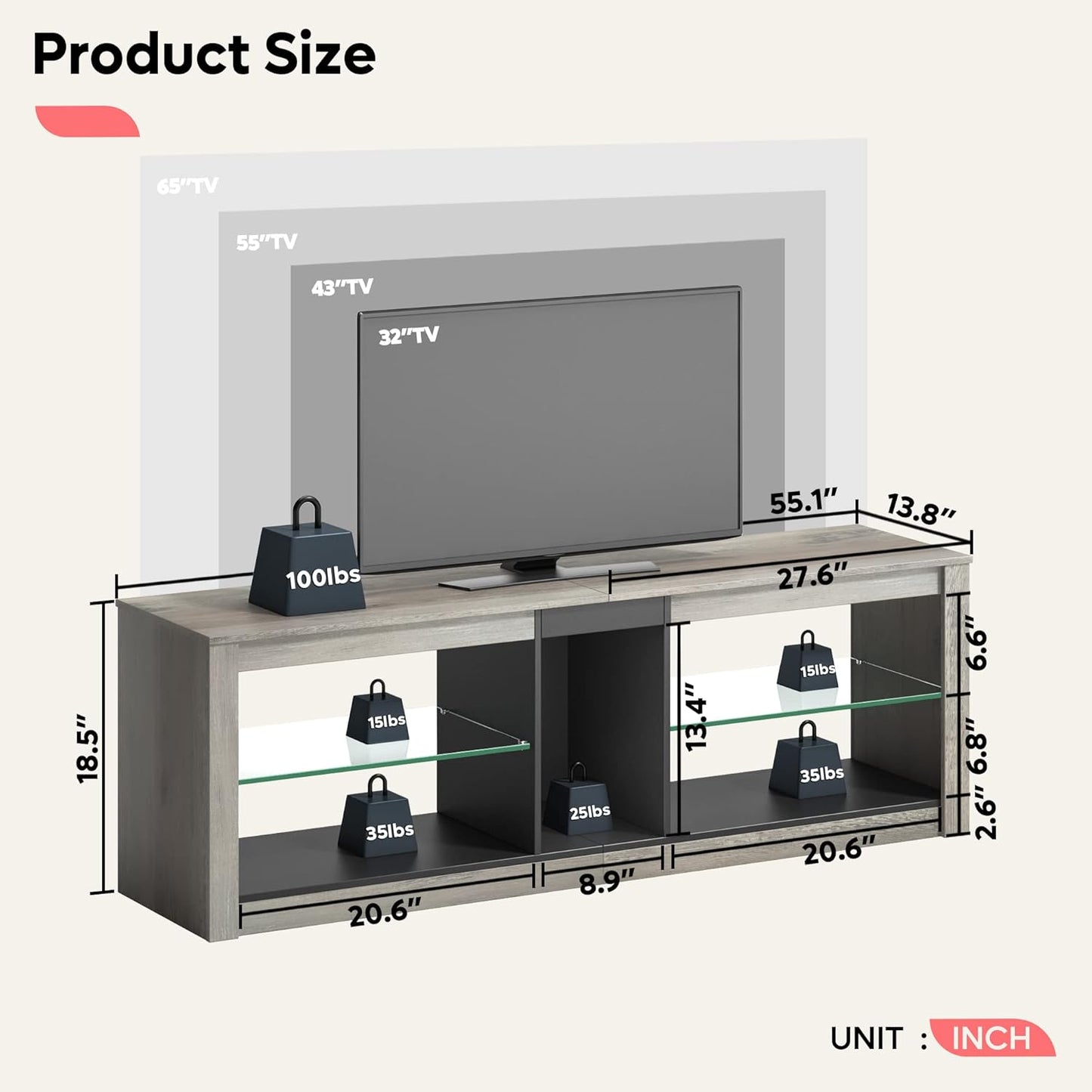 Bestier Entertainment Center LED Gaming TV Stand for 55+ Inch TV Adjustable Glass Shelves 22 Dynamic RGB Modes TV Cabinet Game Console PS4, Wash Gray