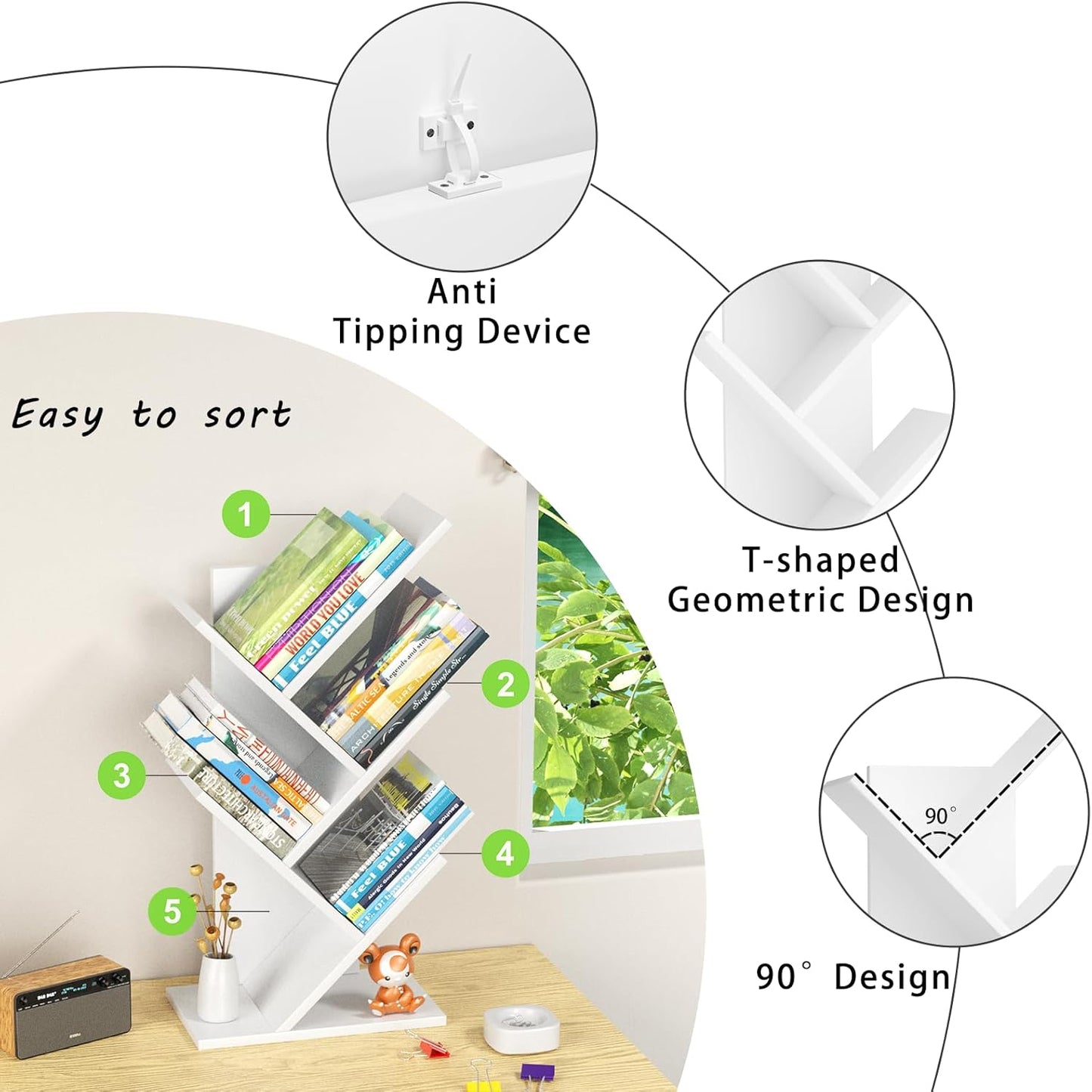 5 Tier Tree Book Shelf, Small Desktop Bookshelf with Storage Organizer, Wood Bookcase, Desk Display Bookshelves, Floor Standing Organizer Bookcases for Living Room,Bedroom,Office-White