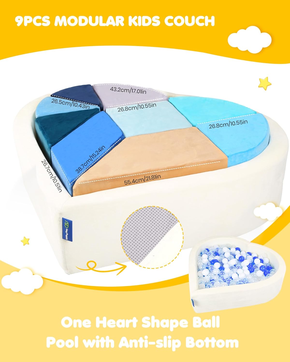 Kids Play Couch, 2-in-1 Heart-Shape Kids Plays Sofa with Unique Ball Pit(no Balls Included), Tangram Puzzle Play Couch for Playroom, Modular Play Sofa for Inspiring Creativity, Ocean