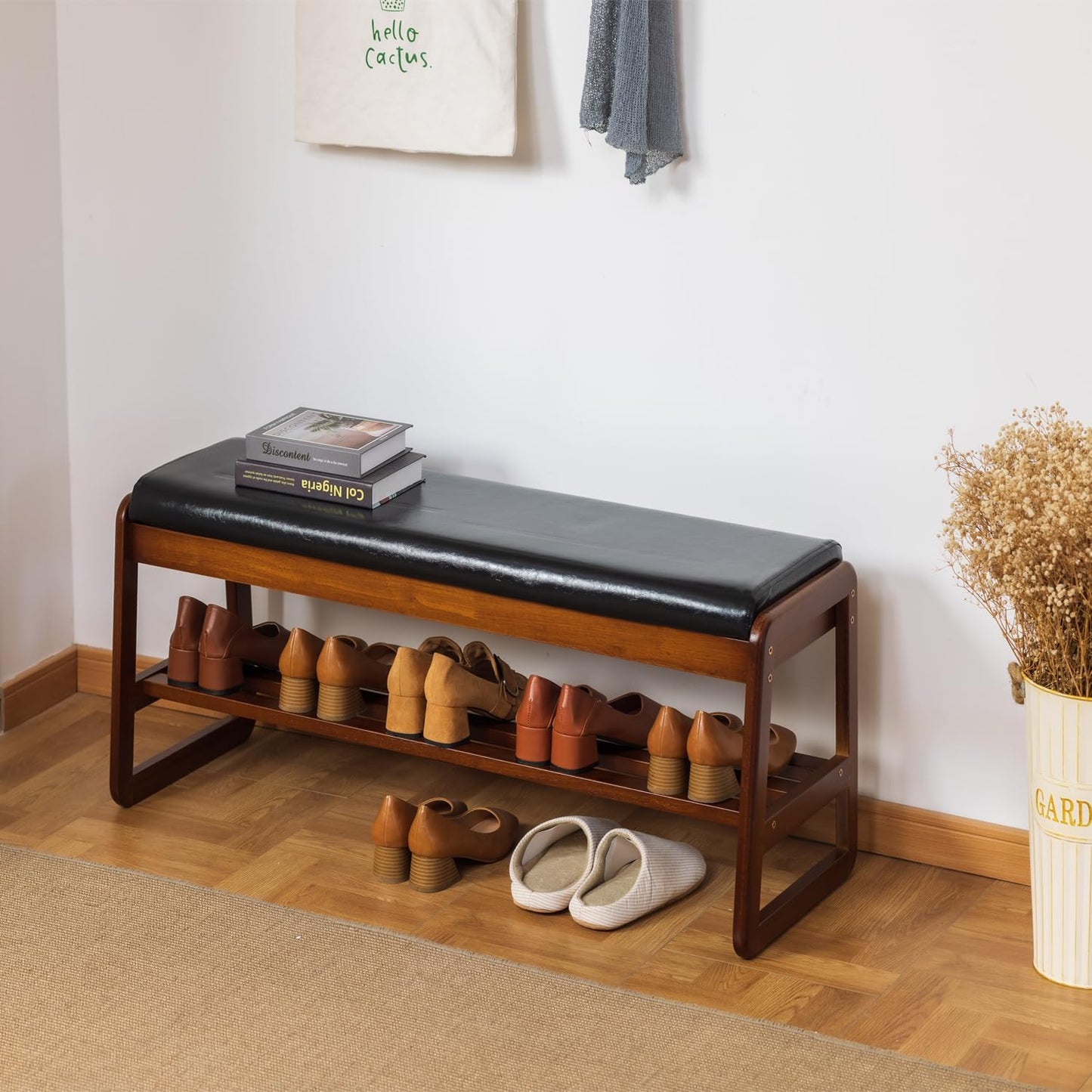 latifolia Solid Wood Bench, Entryway Shoe Bench with Cushion, Flip-Open Storage Compartment, 2-Tier Shoe Organizer(Black,39.70''L)