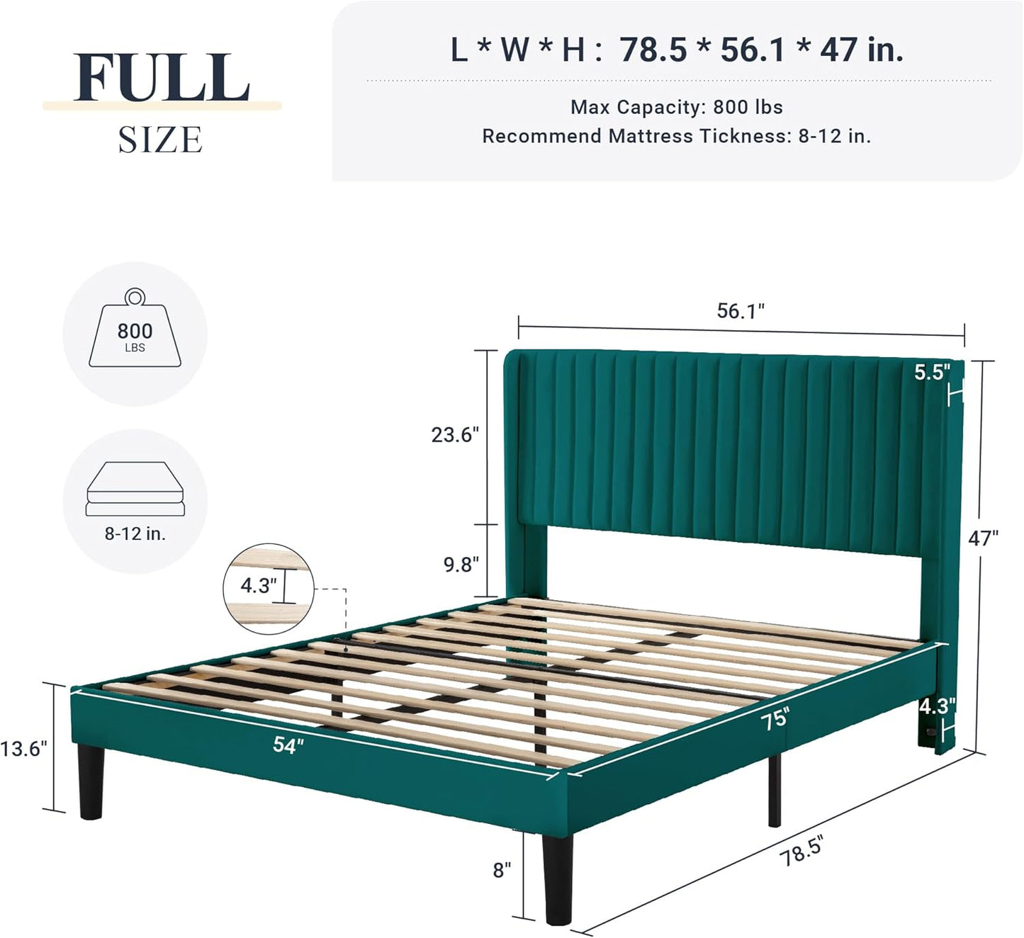Allewie Full Size Bed Frame/Velvet Upholstered Platform Bed/Vertical Channel Tufted Wingback Headboard/Strong Wooden Slats/No Box Spring Needed/Easy Assembly/Teal