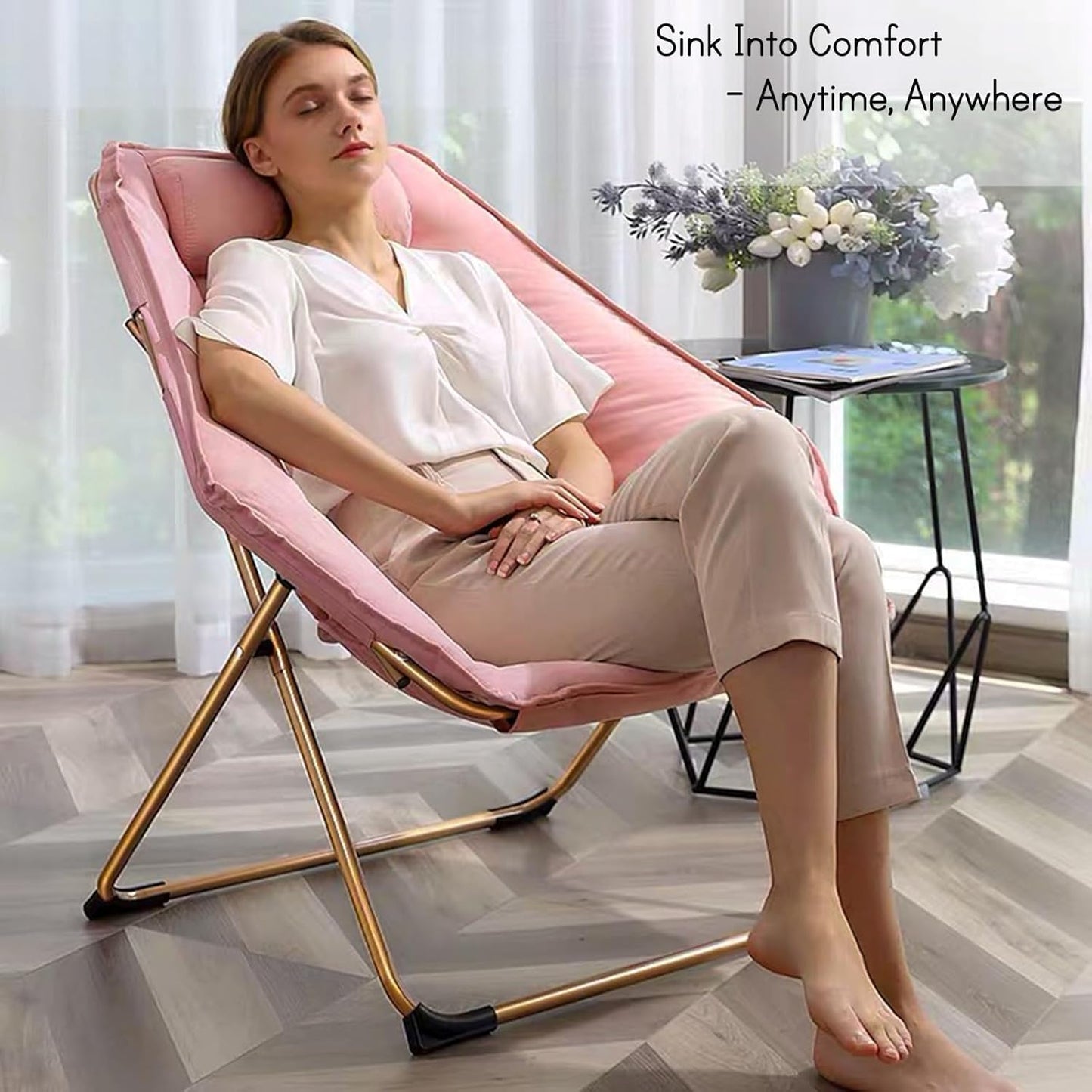 Hexagon Foldable Living Room Chair, Saucer Chair for Adults, Comfy Bedroom Lounge Chair, Moon Chair, Lazy Folding Chair for Dorm Rooms(Chair-Pink)