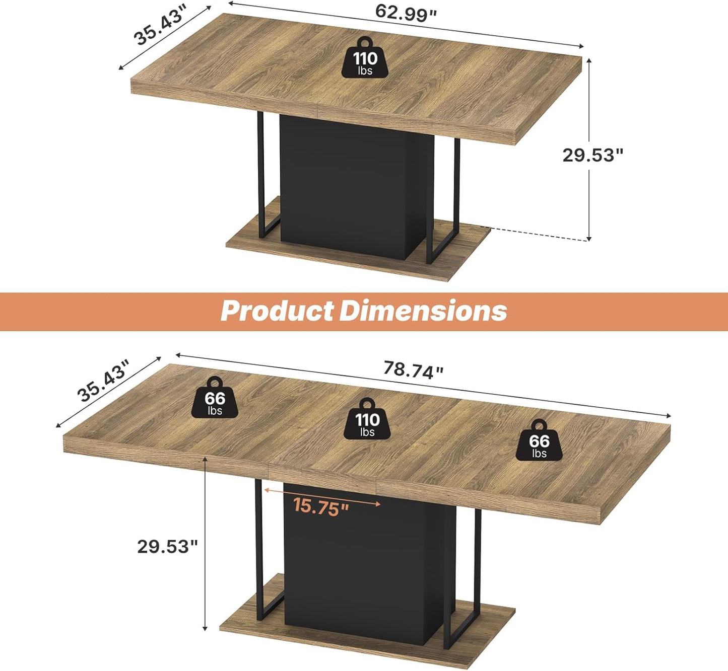 63"-78.7" Expandable Dining Tables, 6-10 Farmhouse Kitchen Table, Extendable Dining Room Table, Rectangular Thick Top with Metal Track, Central Column Base for Living Room, Office-Brown