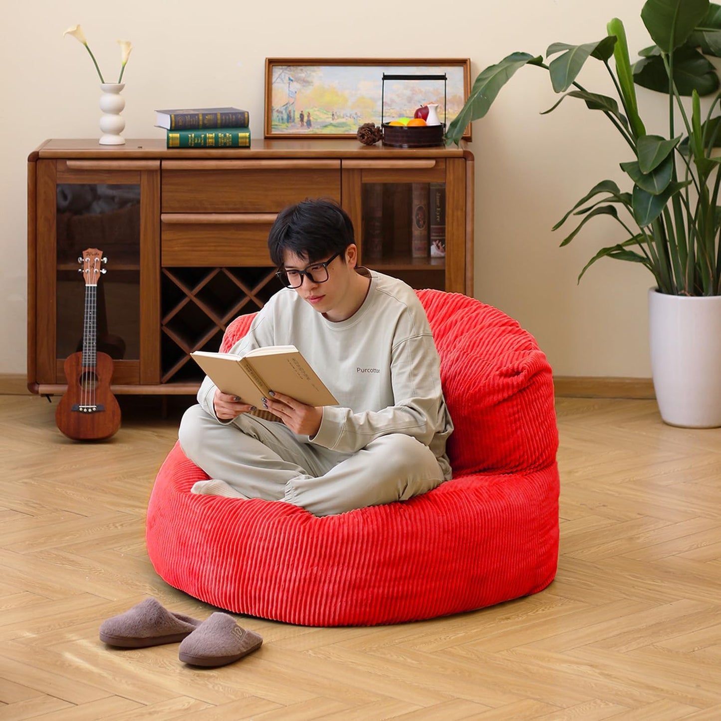 N&V Large Crescent Bean Bag Chair, Adult Size Bean Bag Sack, Foam Filling, Soft Premium Corduroy Bean Bag for Living Room Bedroom Dorm and Office (Red)