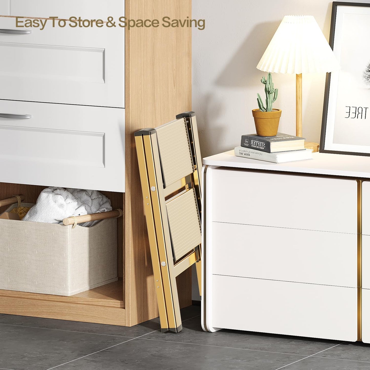 2 Step Ladder, Aluminum Lightweight Folding 2 Step Stool with Anti-Slip Wide Pedal,330lbs Capacity Steel Ladder for Household and Office(Gold)