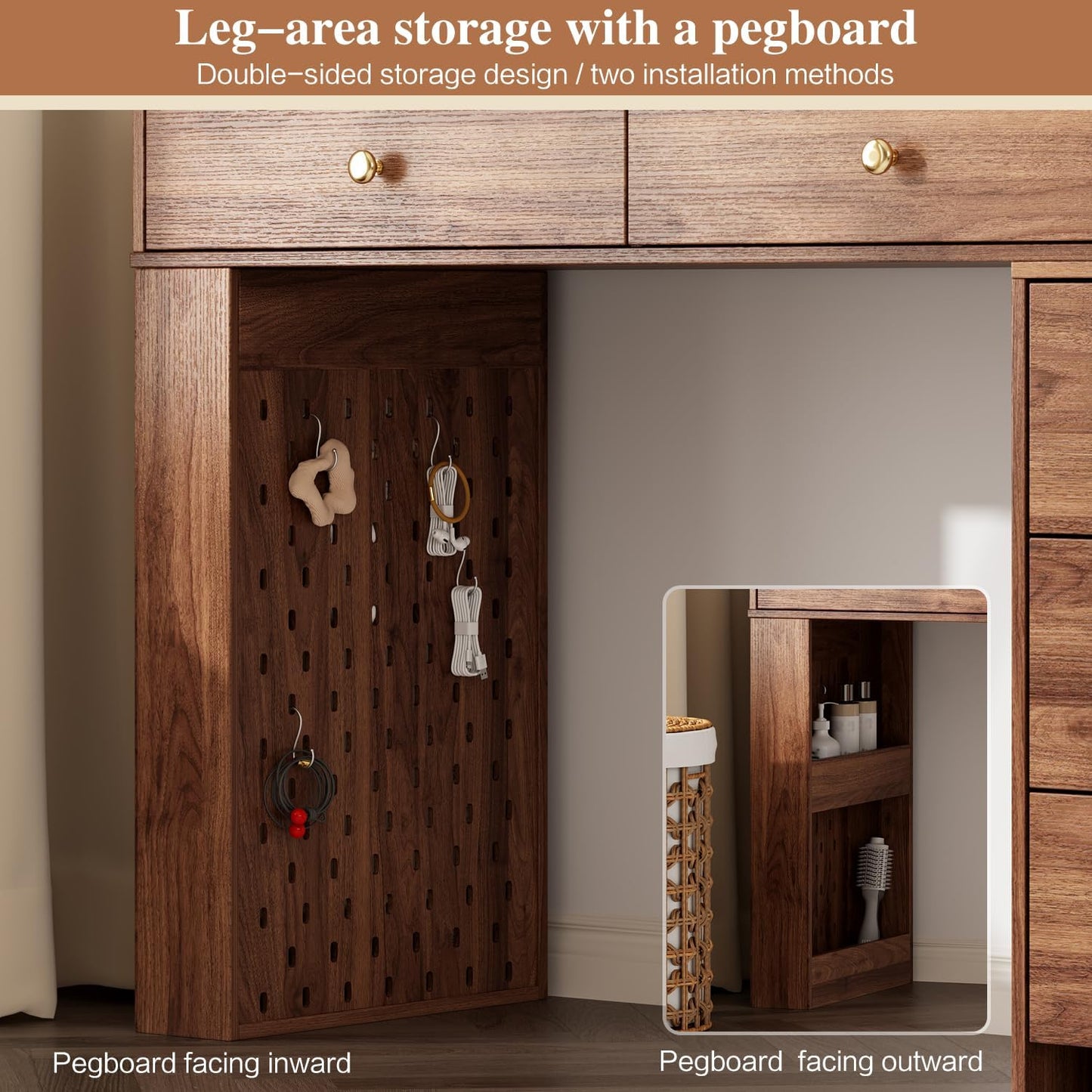 Large Makeup Vanity Desk with Mirror and Lights, Vanity Desk with 8 Drawers & Storage Shelves, Vanity Table with Power Outlet, 3 Color Modes & Adjustable Brightness Dressing Table, Bedroom,Walnut