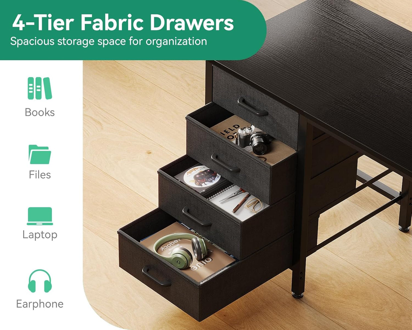 Casaottima 32-Inch Small Computer Desk with 4 Fabric Drawers — Home Office Desks with Storage, Writing Desk with Side Hook and Cloth Bag, Modern Study/Work Table for Bedroom and Small Space, Black