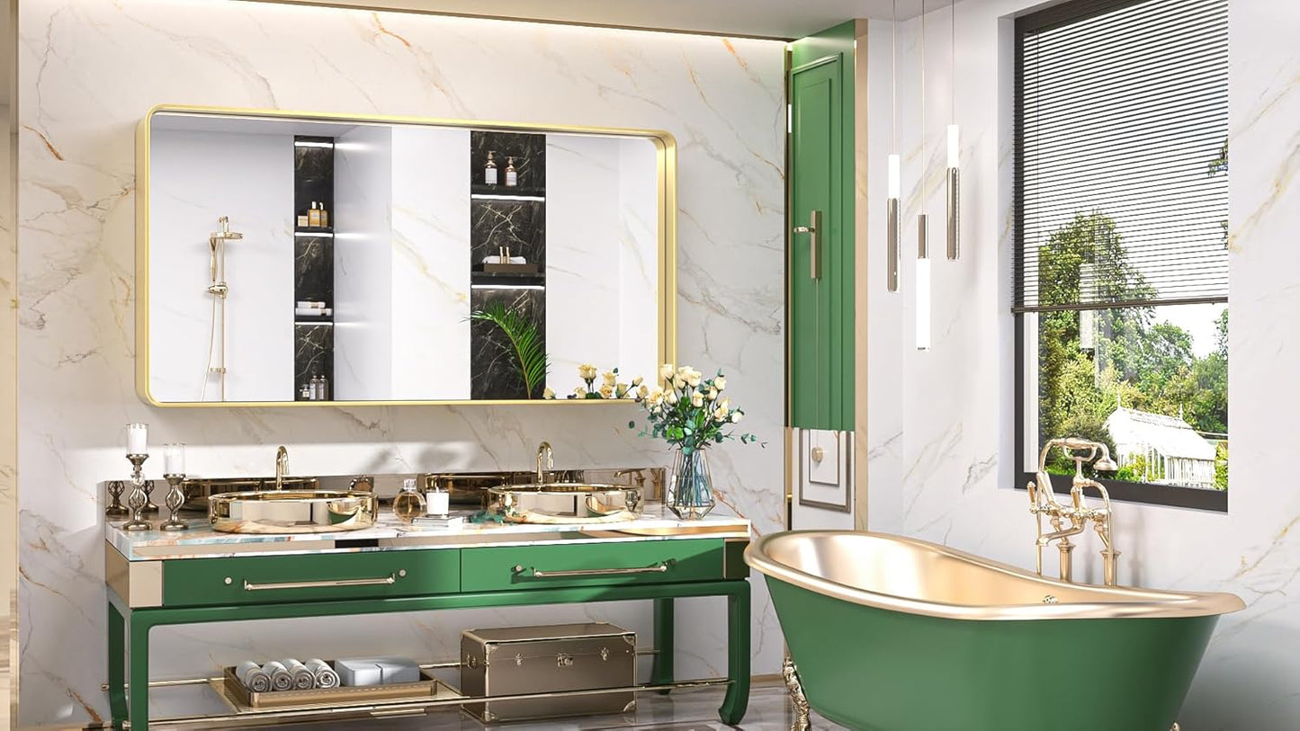 TokeShimi Bathroom Vanity Mirror 48 x 24 Inch Gold Metal Frame Round Corner Rectangular for Home Decor Living Room Entryway (Horizontal/Vertical)