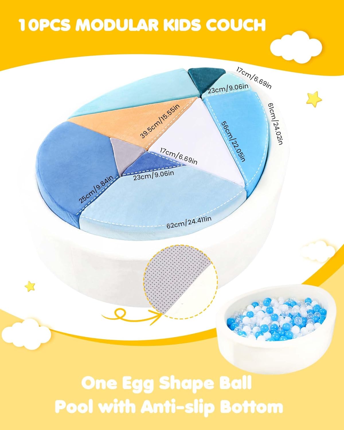 Kids Play Couch, 2-in-1 Egg-Shape Kid Plays Sofa with Unique Ball Pit(no Balls Included), Tangram Puzzle Play Couch for Playroom, Modular Play Couchs for Inspiring Creativity, Ocean