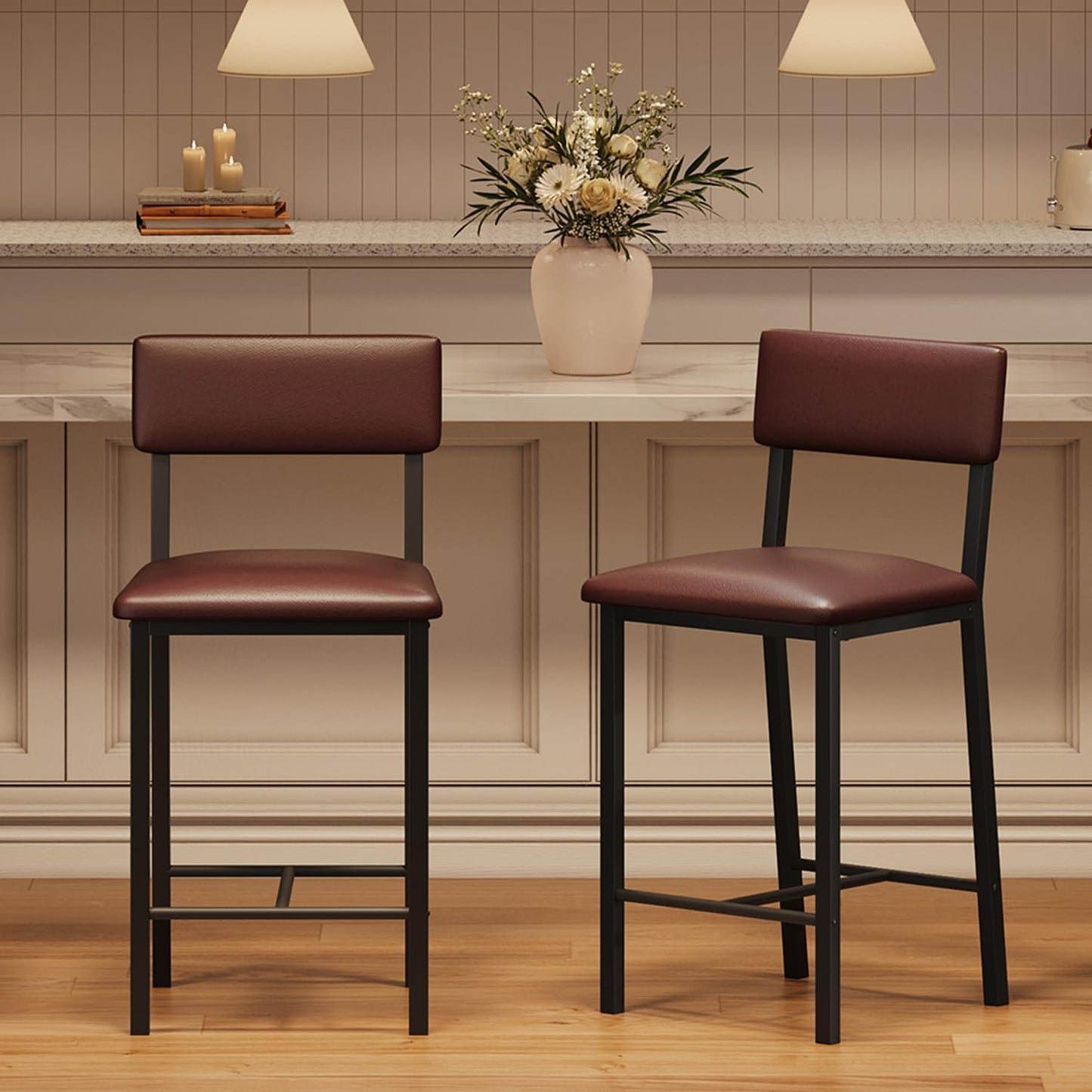 GarveeHome Bar Stools Set of 2, Counter Stools with Back and Thickened Metal Legs, Upholstered PU Leather Counter Height Barstools with Footrest, for Kitchen Island, Bar, Dark Brown