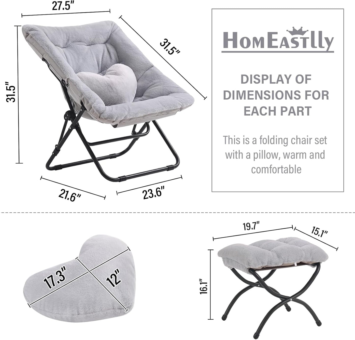 Comfy Saucer Chair with Ottoman, Oversized Folding Faux Fur Chair Soft Furry Lounge Lazy Chair with Metal Frame Moon Chair Accent Chair for Bedroom, Living Room, Dorm Rooms, Grey