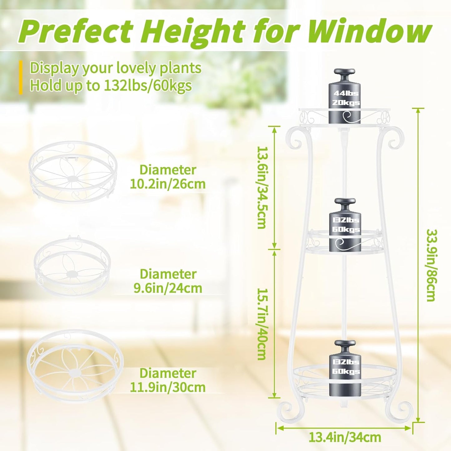 KMOTASUO 3 Tier Metal Plant Stand Indoor, 34 Inch Tall Corner Plant Stands for Indoor Plants, Flower Pot Holder Shelf Display Rack for Balcony Garden Patio Living Room(White)