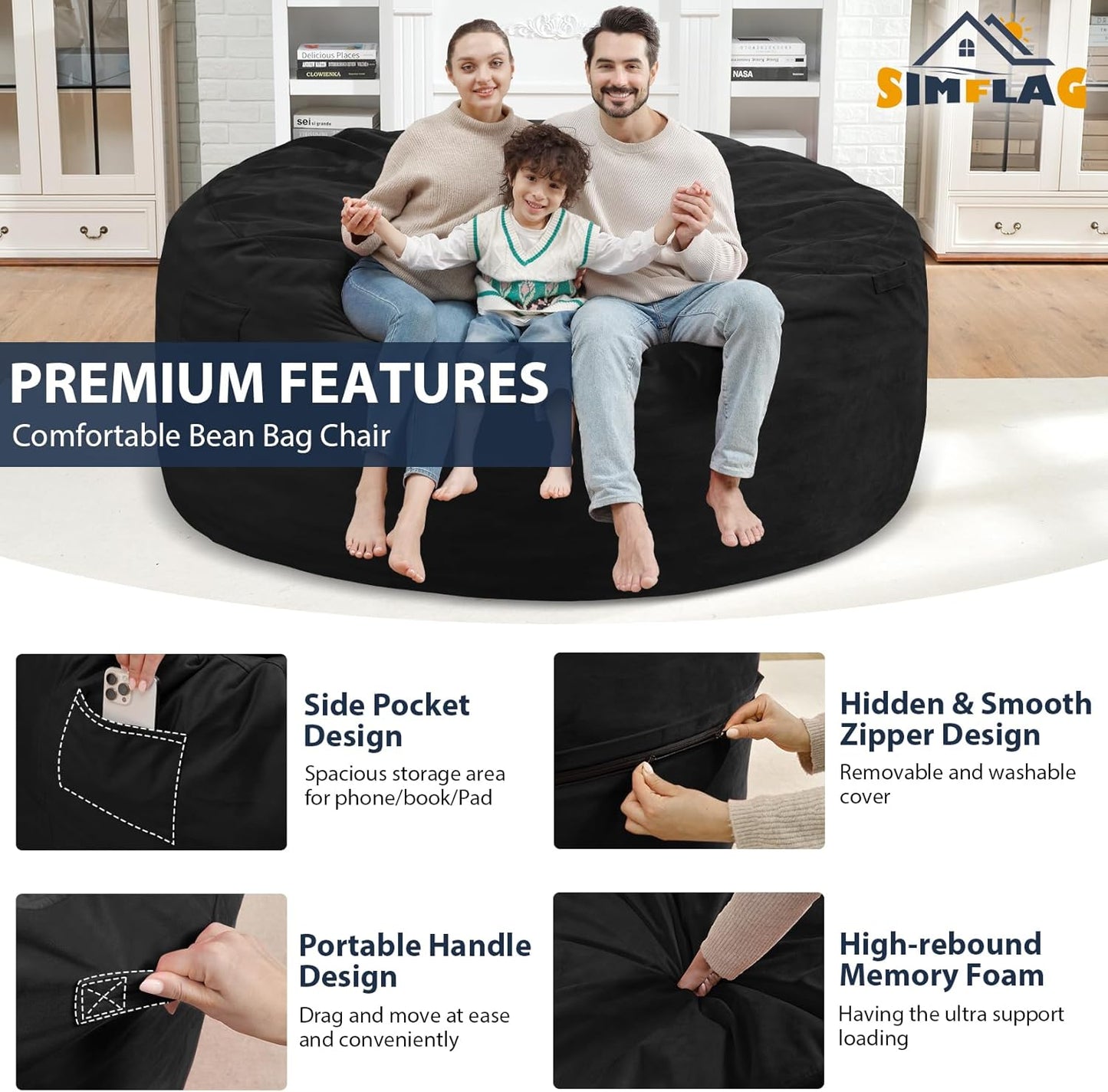 6FT Bean Bag Chair, Large Bean Bag Chairs with Memory Foam Filled, Fluffy Beanbag Sofa with Dutch Velvet Cover, Round BeanBag Chairs for Living Room, Playroom - Black