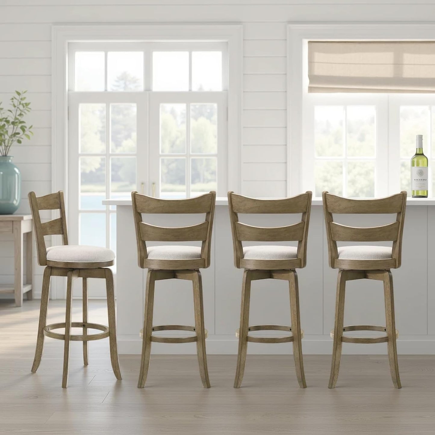 Armen Living Blair 30 in. Putty Brown Bar Height Rubberwood Swivel Barstool with Cream Fabric Seat - Set of 4