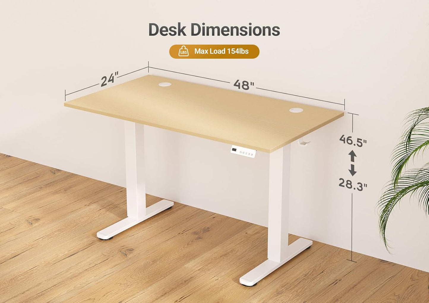 Seang Electric Standing Desk Adjustable Height, 48 x 24 Inch Sit Stand Desk with T-Shaped Frame, 3 Memory Presets & Cable Management for Home Office Computer Workstation, White Frame/Nature Top