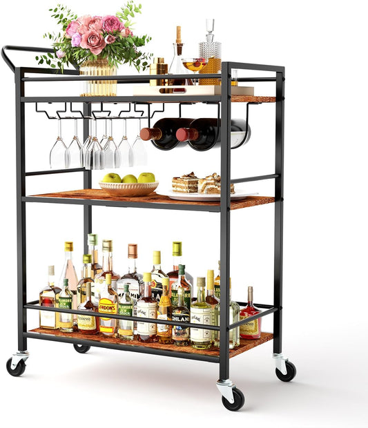 Bar Cart, Home Bar Serving Cart, 3-Tier Drink Cart with Wine Rack, Glass Holder, Wine cart with One-Piece Wood Shelves, Rolling Bar Cart for Kitchen, Dining Room, Living Room, Rustic Brown