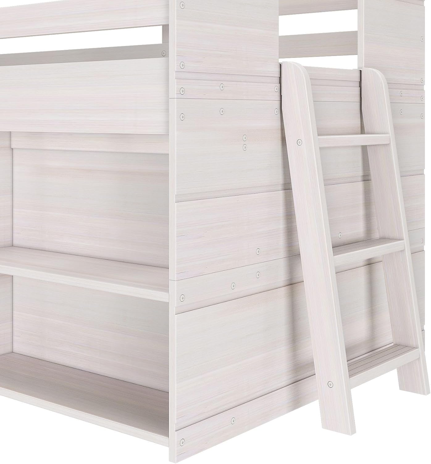 Max & Lily Modern Farmhouse Twin Low Loft Bed with Bookcase - Solid Wood, 15” Guardrails, 400-lb Capacity, Low-VOC Finish, White Wash